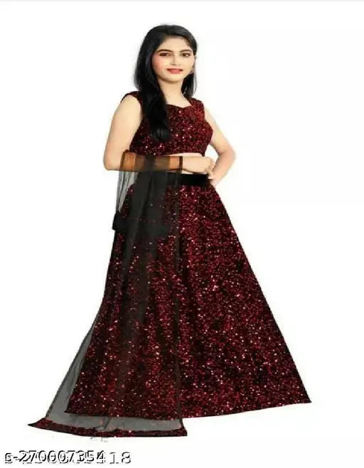 Red velvet baby choli with embroidered lehenga and net dupatta, semi-stitched, perfect for traditional Indian wear aged 5-15 years