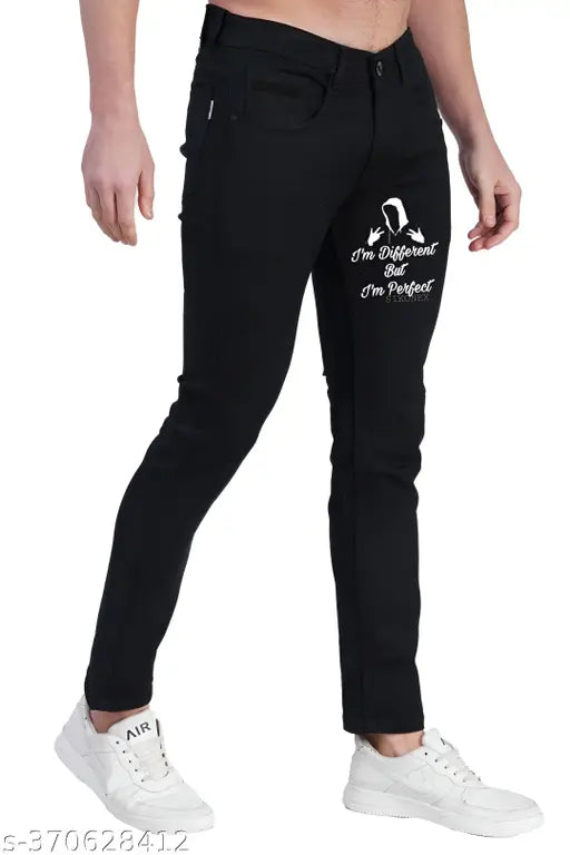 Black cotton blend denim jeans with printed pattern, ideal for a stylish fit. Size options: 28, 30, 32 (India origin)
