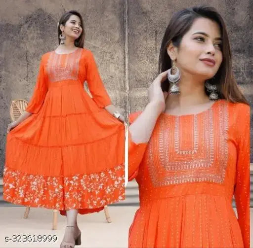 Solid premium rayon checked print embroidery work half sleeve long ankle-length Anarkali dress, ideal for women and young girls, India