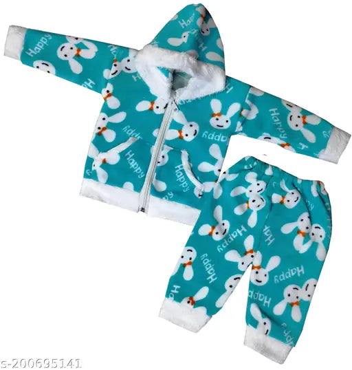 Kids winter wool hoody jacket & pyjama set, printed net pattern for soft inner base warmth and comfort for babies, ideal for cold weather