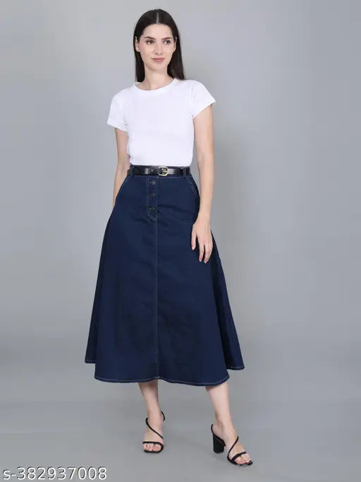 Blue denim stretchable skirt, all-seasons Western style with front pockets, size 34 (waist 34in, length 34in)