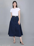 Blue denim stretchable skirt, all-seasons Western style with front pockets, size 34 (waist 34in, length 34in)