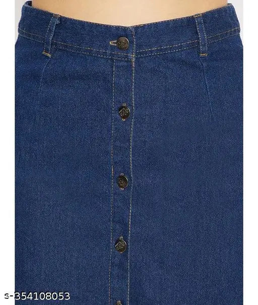 A dark denim skirt with a high waist, snap buttons, and pockets