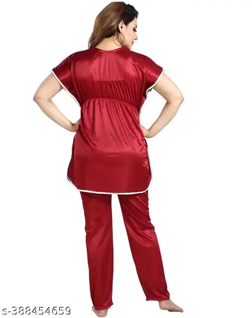 Maroon satin kaftan and pyjama coord set for summer nights, sleepwear for girls and women