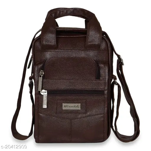 Dark brown messenger bag with multiple pockets, adjustable strap, suitable for travel and work