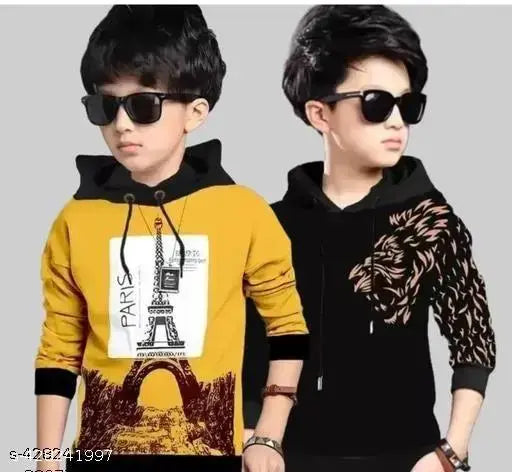 kids pack of 2 hood neck printed regular fitted full sleeves cotton tshirt