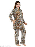 Orange woolen winter NACNO women's pajama set with floral design, long sleeve collared night suit for cozy comfort and style