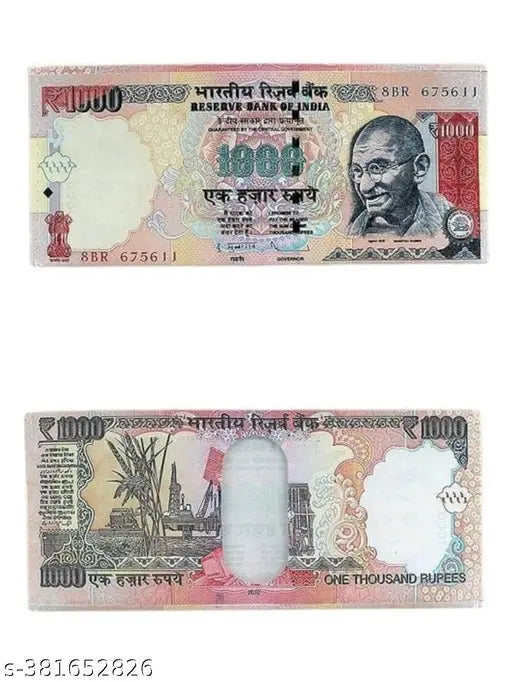 One Thousand Rupees fake note, pink paper currency with Gandhi image, purse-ready.