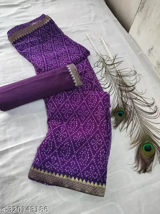 Georgette saree in purple, bandhani design, satin silk blouse with lace border