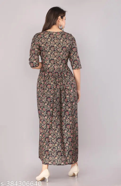 Bright Rayon Printed Long Anarkali Kurta, Three-Quarter Sleeves, India-Origin Modern Style