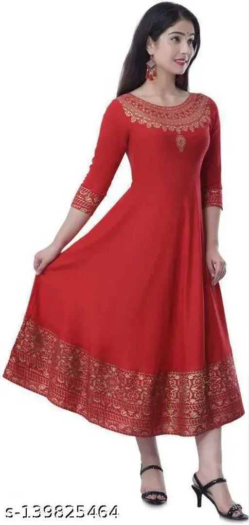 Women's printed red long kurta with a hemline