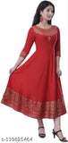 Women's printed red long kurta with a hemline