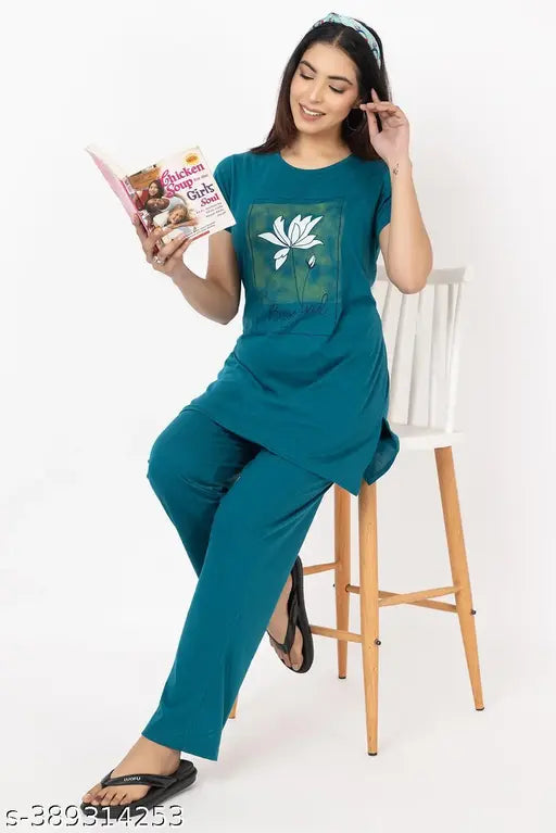 Green cotton printed women's night suite: comfortable round neck design, ideal for peaceful sleep