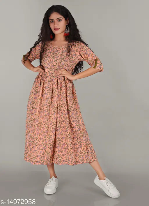 Orange rayon pleated kurti, three-quarter sleeves, women's traditional Indian wear