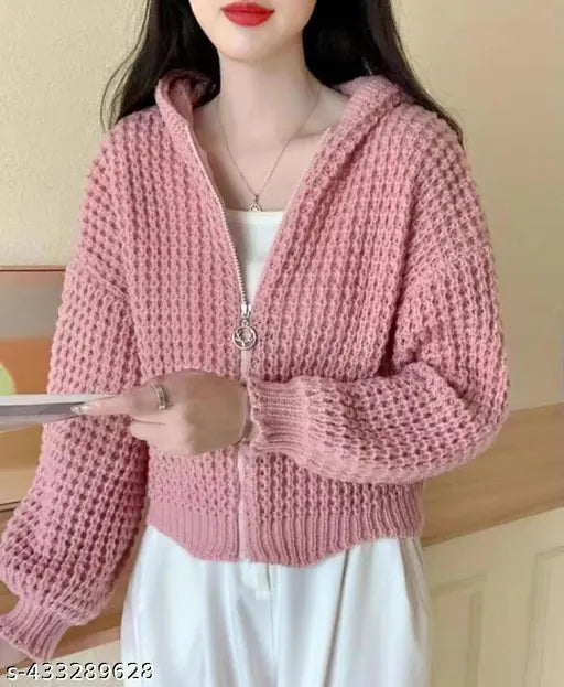 Peach woolen zipper cardigan with hoodie, perfect for winter wear