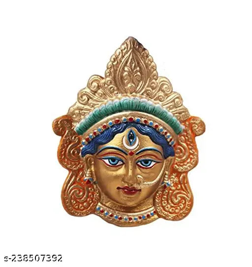 Handcrafted Maa Durga face mask, home & office decor, size 16x13x4 cm, Vastu for prosperity, white metal idol with multi-color