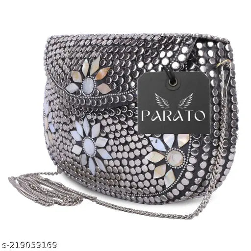 Silver metal party bag with silver sheep and flower embellishments