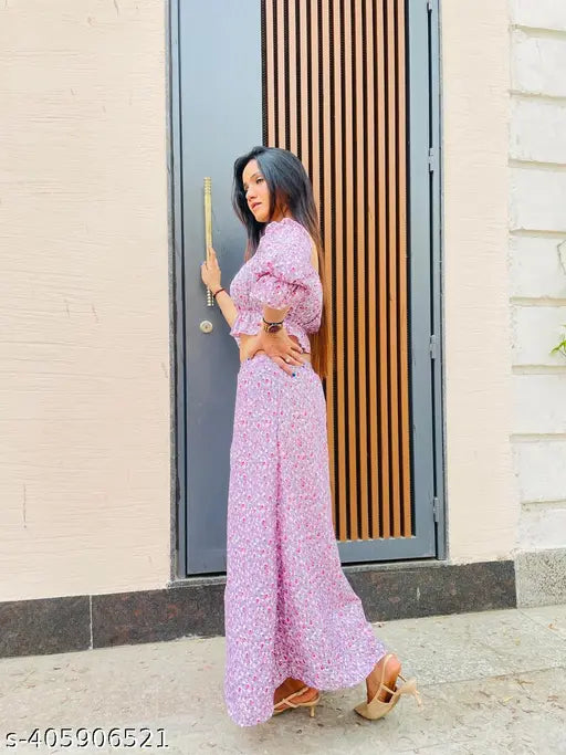 Summer printed cotton blend top & bottom set with slit skirt, off-shoulder crop top. Set includes 2 sizes: S, M, L, origin India