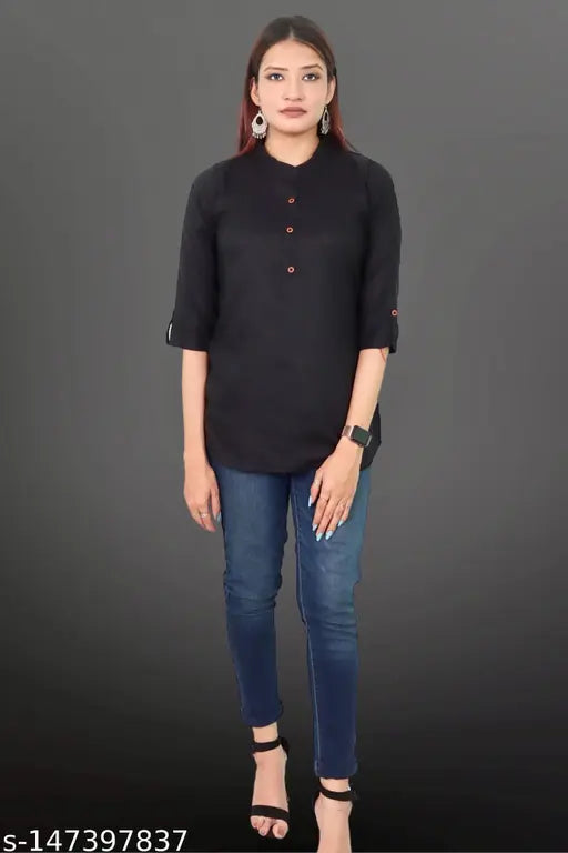 Plus-size rayon tunic (3xl to 8xl), solid pattern, three-quarter sleeves - trendy plus-size top from India