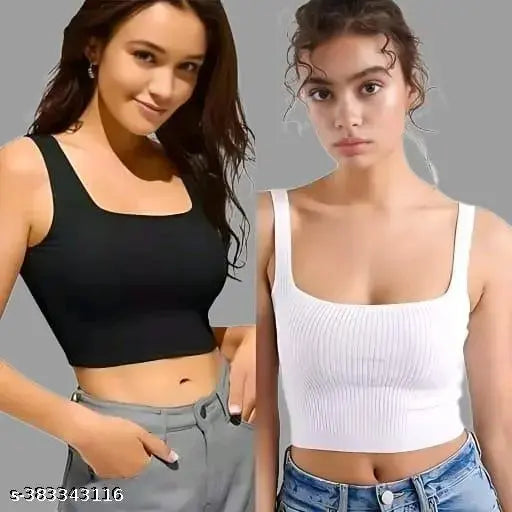 Cotton solid ribbed tank tops, sleeveless crop tops for women and girls in white, India-origin, notch neck design