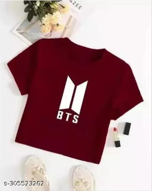 Trendy BTS cotton blend crop top for girls, printed net pattern, short sleeves, size S (34in bust, 16in length)