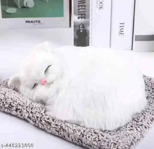 Imported musical sleeping cat soft toy, white grey orange black & brown, car dashboard showpiece. Realistic plush design, perfect for office or home decorating