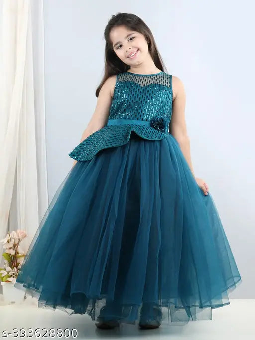 Teal blue girls party dress, embellished net fabric, sleeveless design, India origin