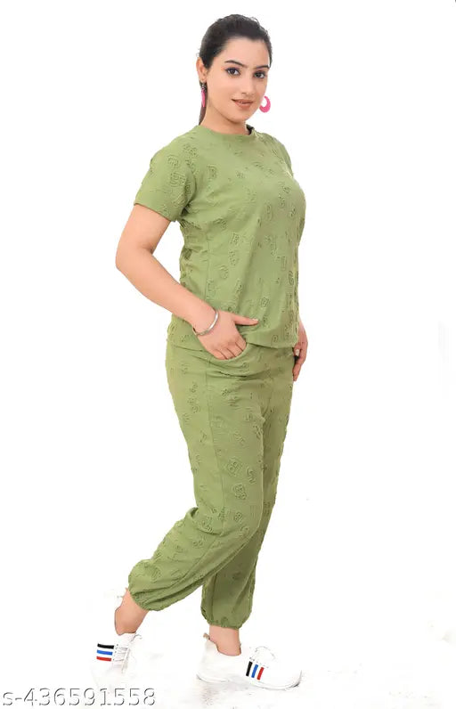 Black stretch track pants set with short sleeve tee, trendy women's nightsuit, India-made fashionable activewear