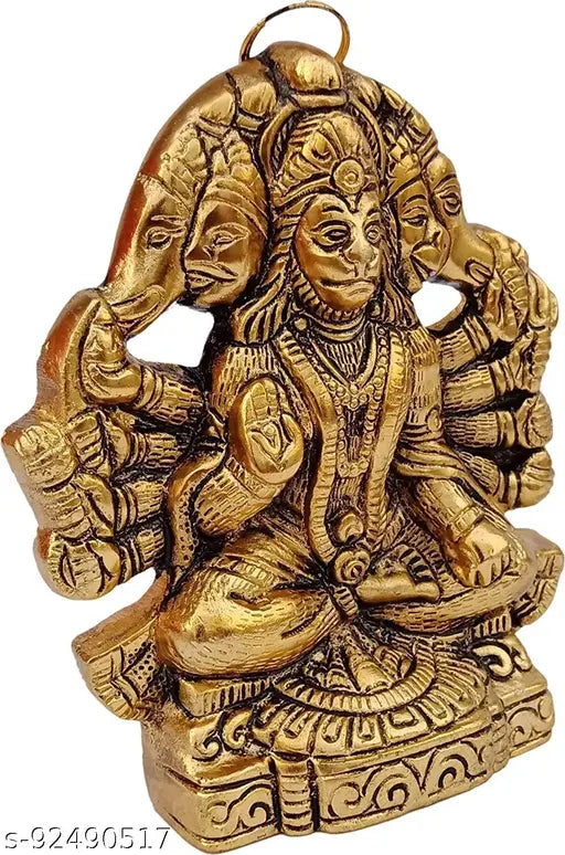 Gold-plated, traditional Metal Panchmukhi Hanuman Murti, 16cm in height for home and office decorative gifts