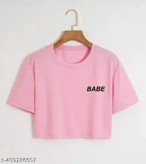 Stylish pink crop cotton t-shirt, short sleeves with printed net pattern. XXS - XL sizes for women, made in India