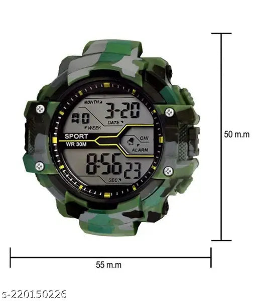Green camo strap digital watch, sporty design with digital display and large button for easy operation