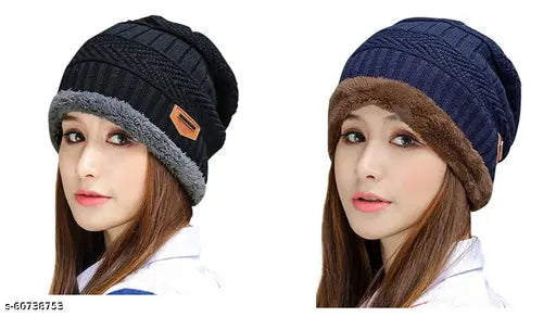 Black knitted acrylic beanie cap with fur lining, pack of 2