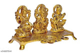 Gold metal Ganesha Lakshmi Saraswati idol, Hindu deity figurine from India, 10cm x 10cm x 20cm dimensions