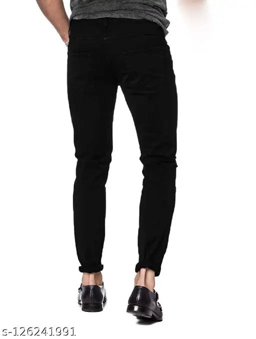 Distressed black denim, slim fit jeans for men by FLETE FASHION. Solid pattern, hand-wash only