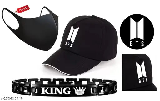 Black BTS sporty cotton cap with metal king bracelet and pollution mask for men and boys, featuring the BTS logo design