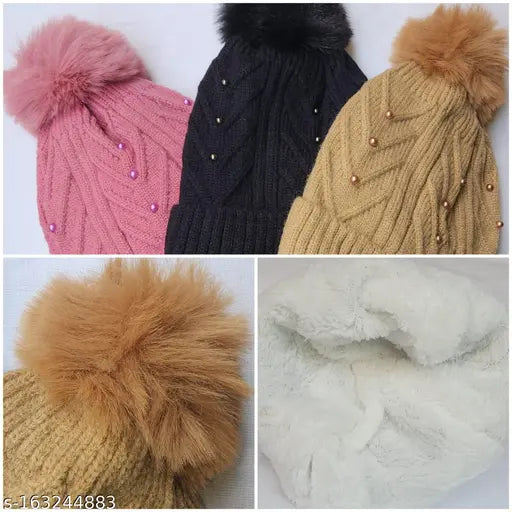 Black woolen beanie hat with faux fur trim