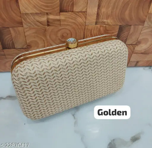 Golden beige clutch purse with zipper closure and interior lining