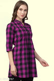 Purple checkered cotton tunic for women with pleats and side belts, India origin