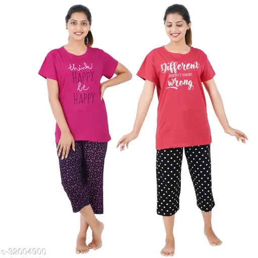 Happy Rani pink & tomato red cotton print loungewear set, includes top & capri pyjama