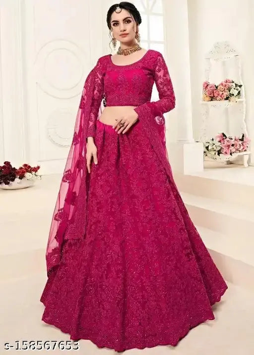 Embroidered net lehenga set from India, semi-stitched with 44m waist and 42m length