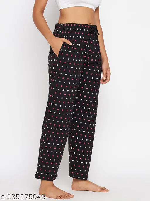Pink polka dot print lounge pants for women's pyjamas, casual wear, comfortable fabric