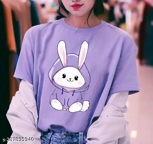 Large lavender t-shirt with cute bunny cartoon, comfortable for girls or women, packed in single
