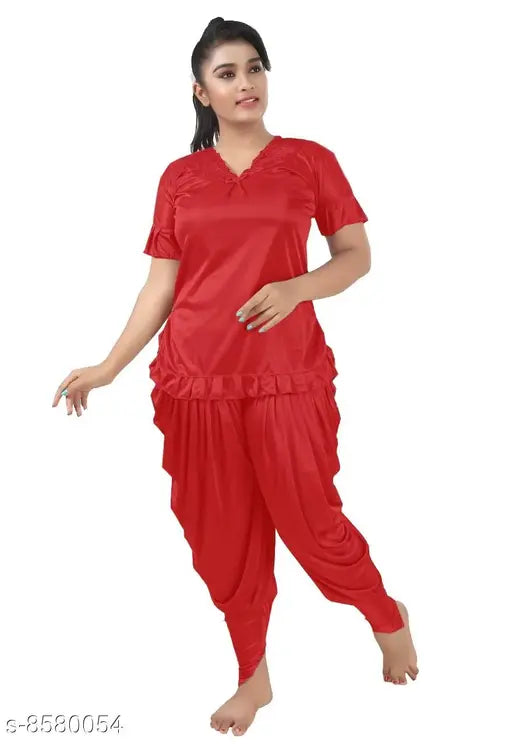 Satin nightwear set, free size partiala pants with short sleeves, made in India