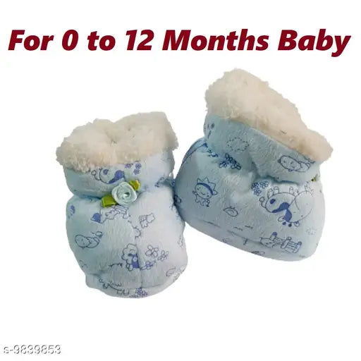 Blue PinKit unisex baby booties, fur sole, rubber printed pattern for 0-12 months