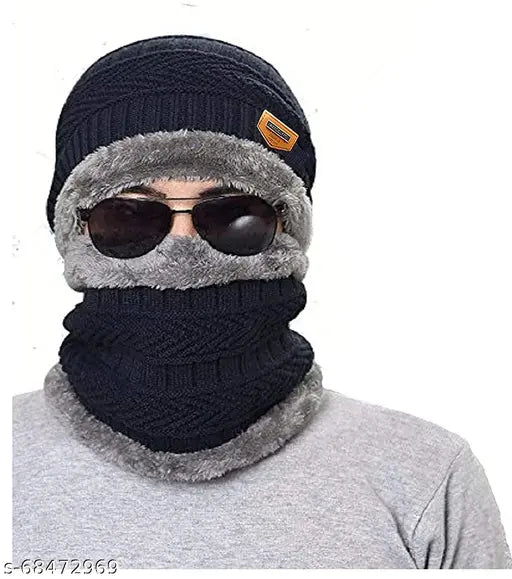 Gray and black wool beanie cap with muffler scarf, unisex