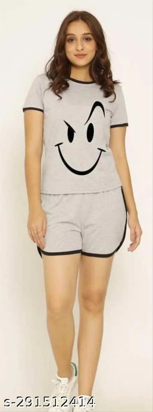 Trendy hosiery night suit with printed net pattern, available in S, M, L, XL, XXL sizes. Made in India