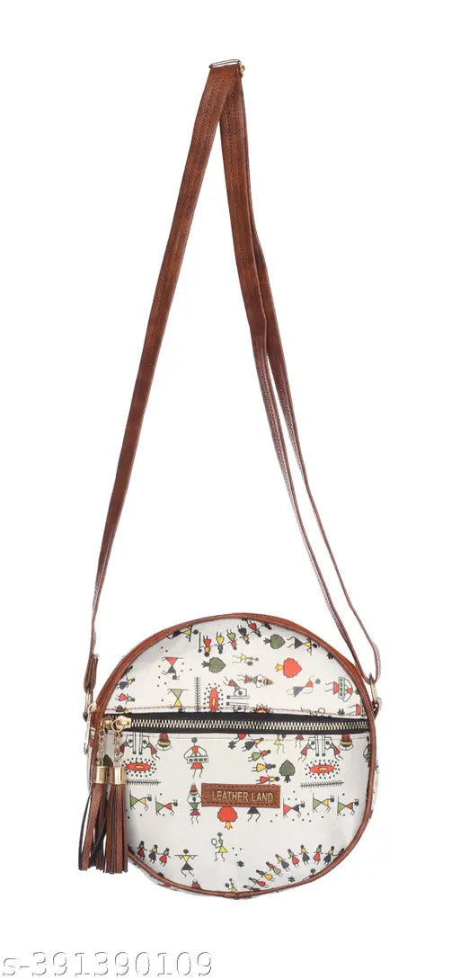 White sling purse for women. Small round handbag with tassel strap