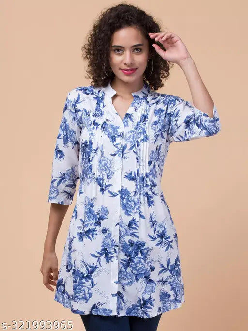 Rayon blue floral print tunic with front pleats, waist string, and mandarin collar - XS to XXXL sizes available from Hive91