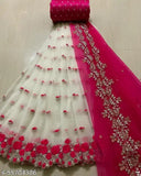 Embroidered dupion silk lehenga with net dupatta, featuring cut work broderie and semi stitched design, India origin