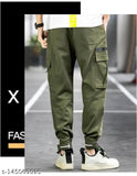 Men's cargo pants with a green flap pocket and zip details, featuring drawstrings at the waist